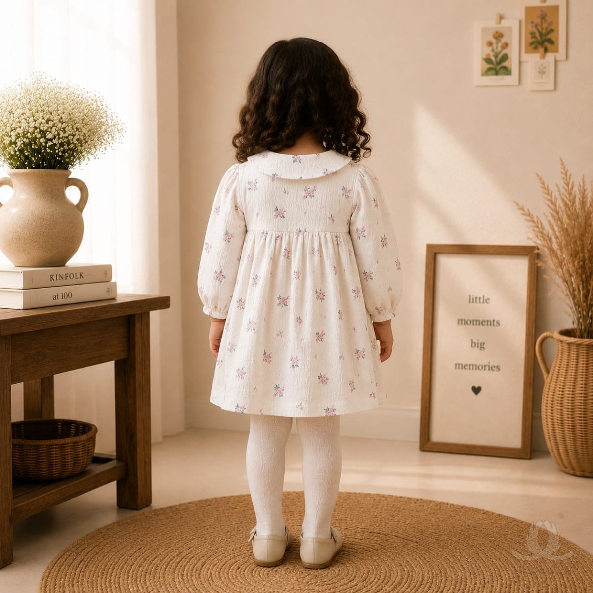 Premium White Floral Print Baby Girl Dress with Hand Smocking & Peter Pan Collar | Full Sleeve Cotton Dress — Back