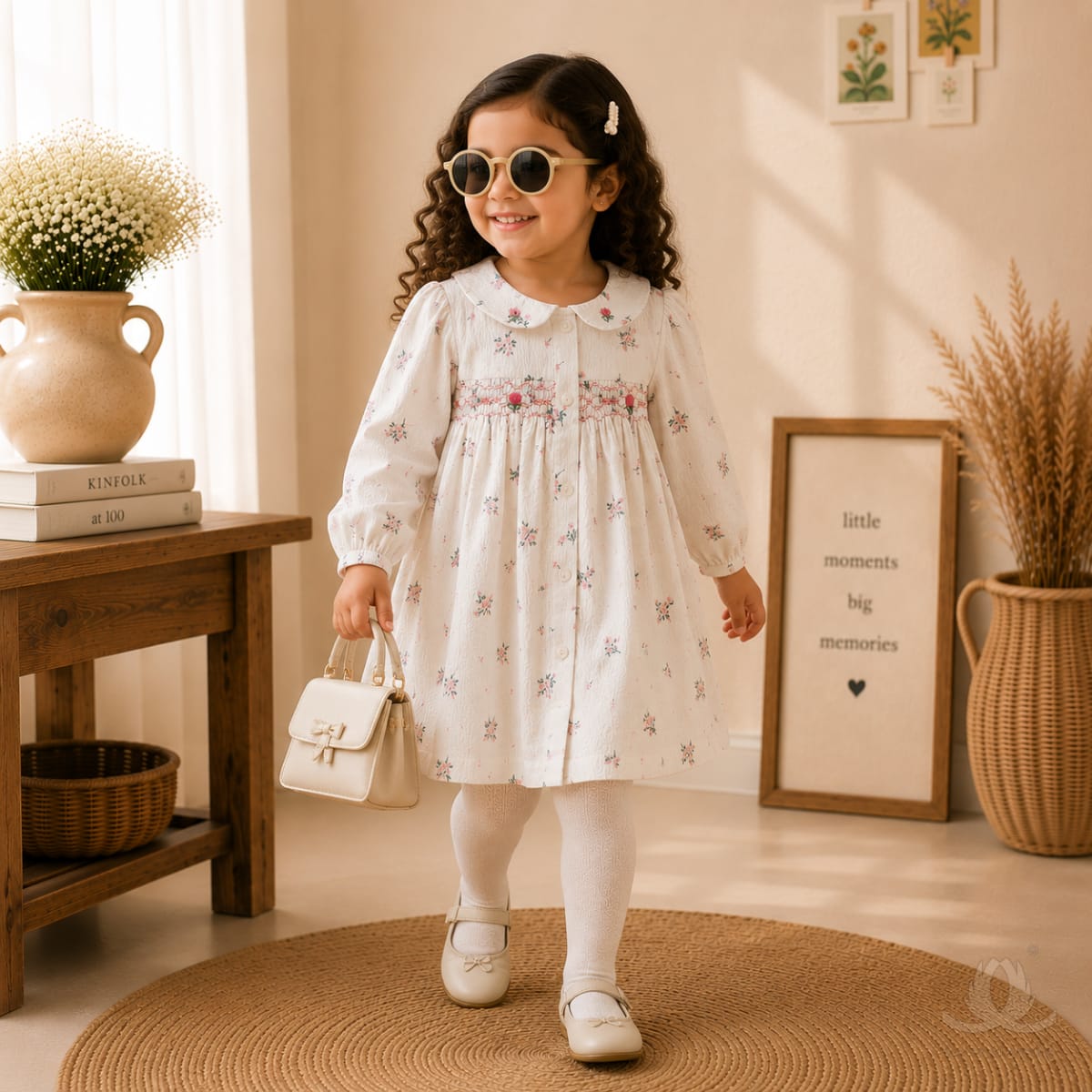 Premium White Floral Print Baby Girl Dress with Hand Smocking & Peter Pan Collar | Full Sleeve Cotton Dress — Styled