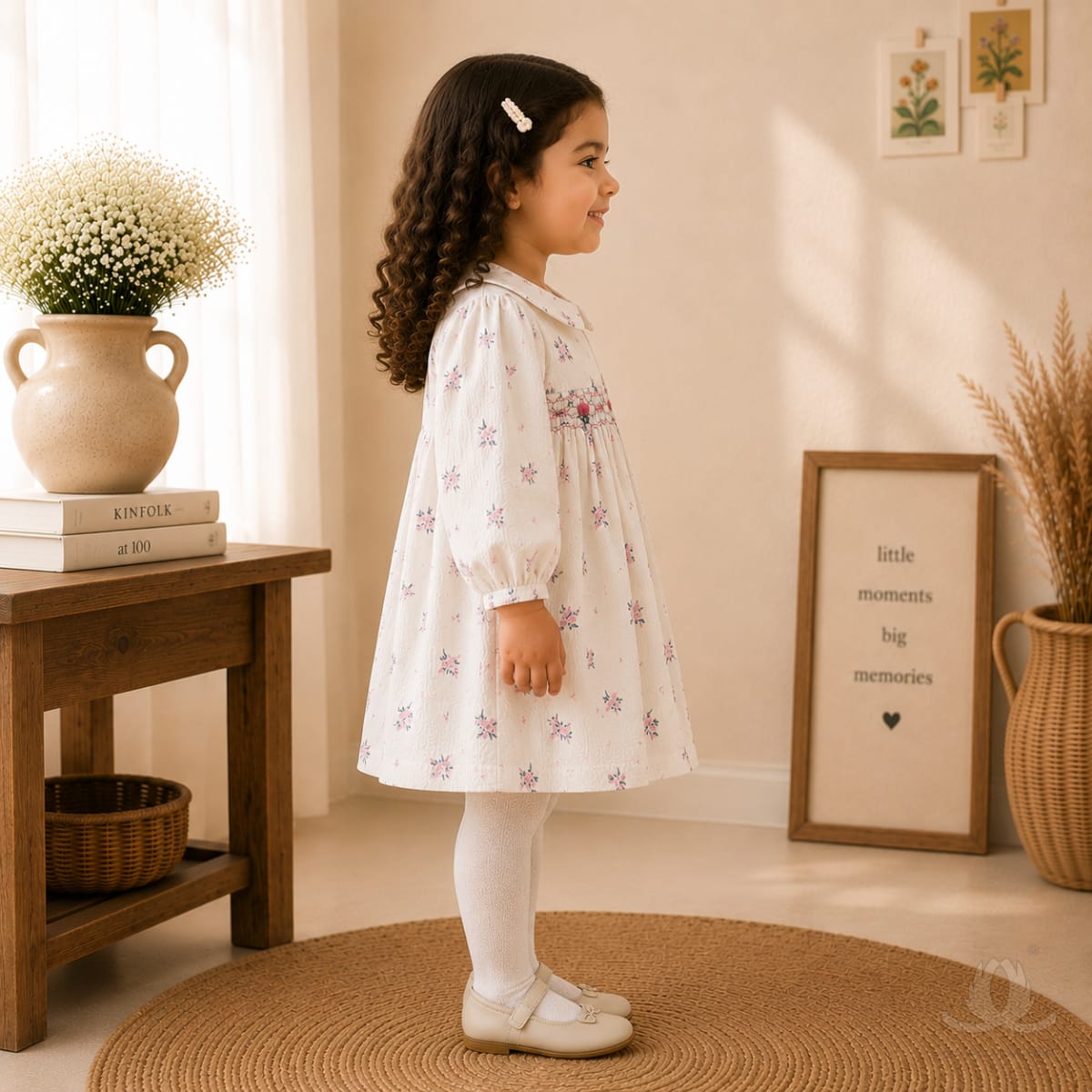 Premium White Floral Print Baby Girl Dress with Hand Smocking & Peter Pan Collar | Full Sleeve Cotton Dress — Side