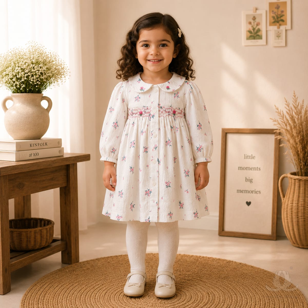 Premium White Floral Print Baby Girl Dress with Hand Smocking & Peter Pan Collar | Full Sleeve Cotton Dress