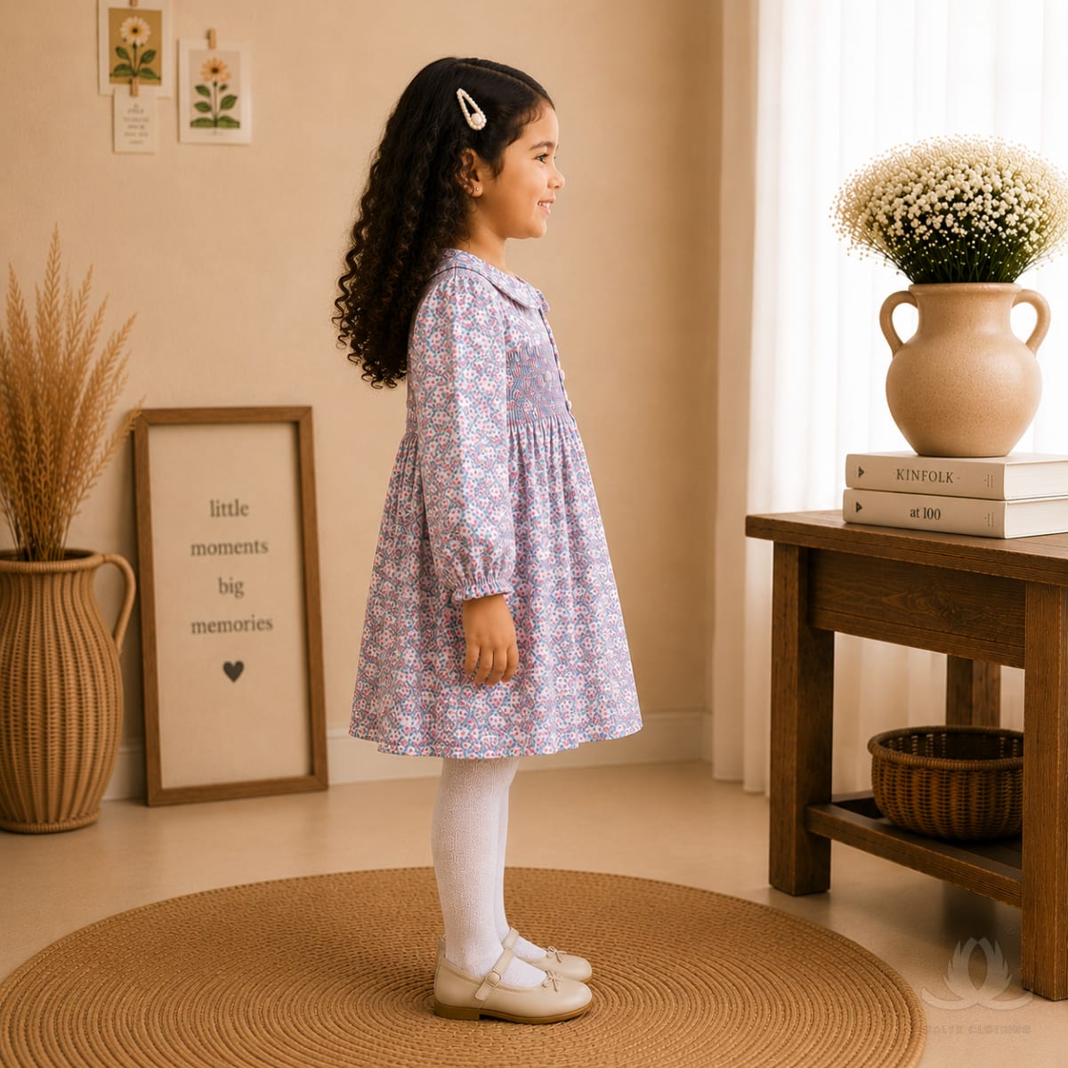 Premium Pink Floral Print Baby Girl Dress with Hand Smocking & Peter Pan Collar | Full Sleeve Cotton Dress — Side