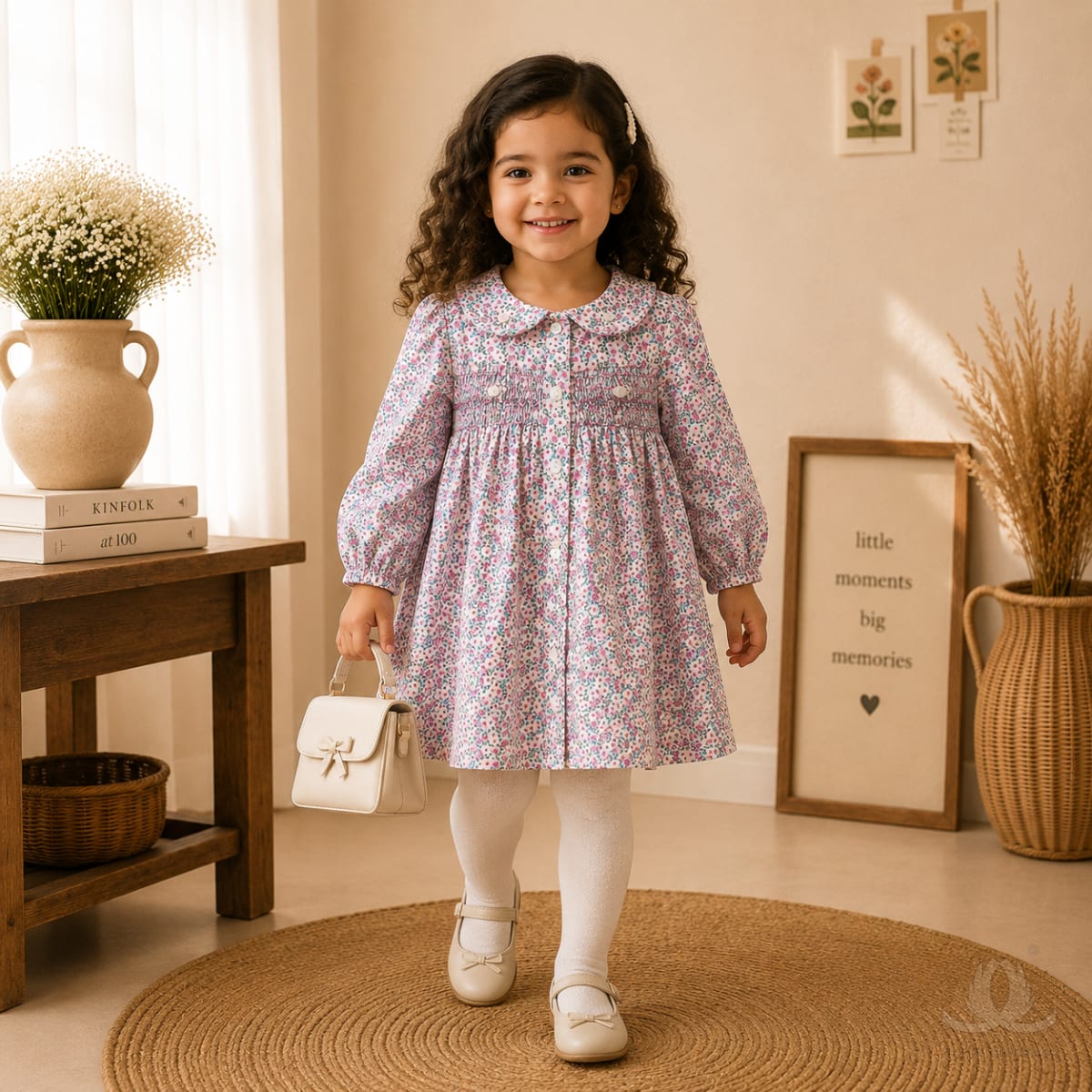 Premium Pink Floral Print Baby Girl Dress with Hand Smocking & Peter Pan Collar | Full Sleeve Cotton Dress