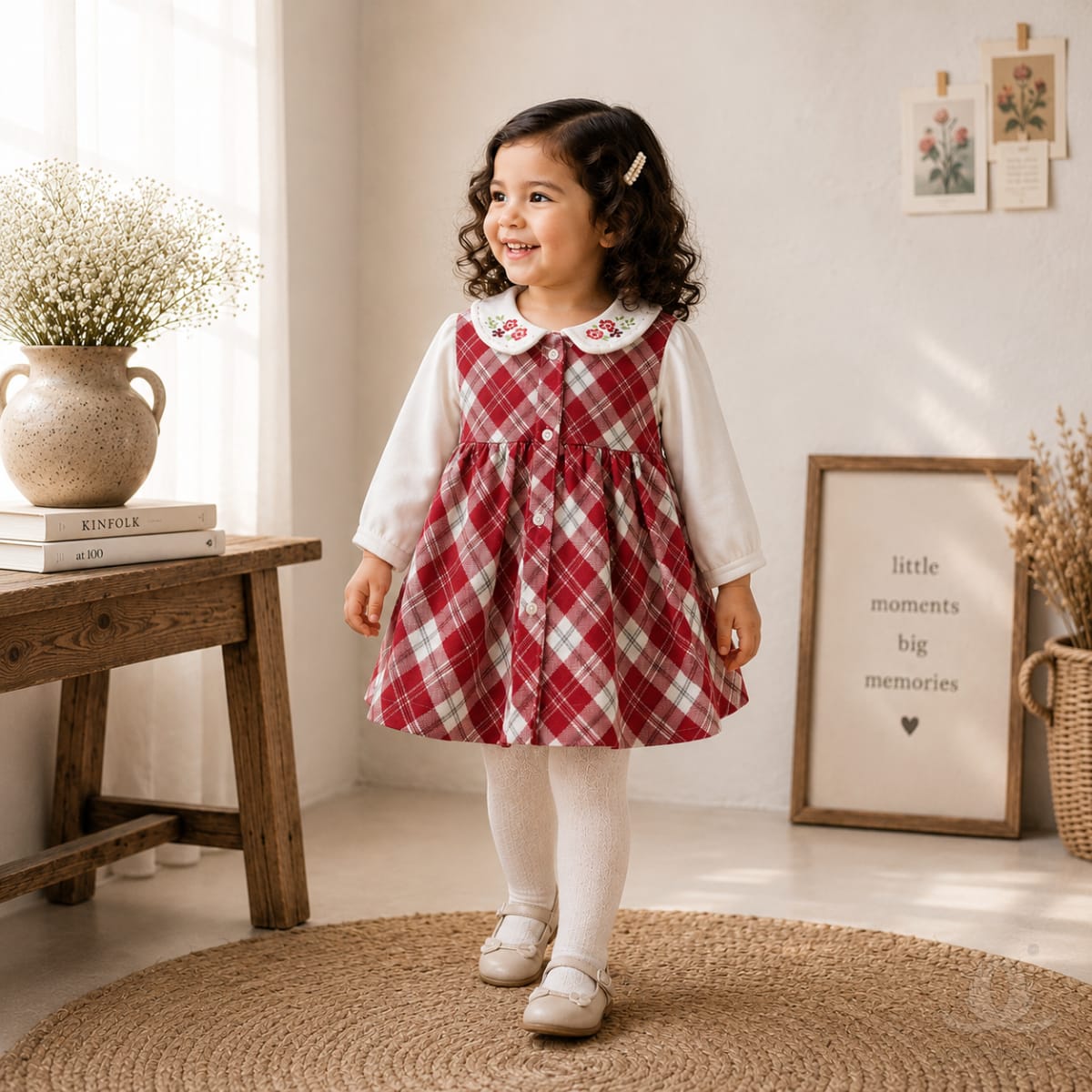 Premium Red Checked Baby Girl Dress with Embroidered Peter Pan Collar | Full Sleeve Cotton Party Dress