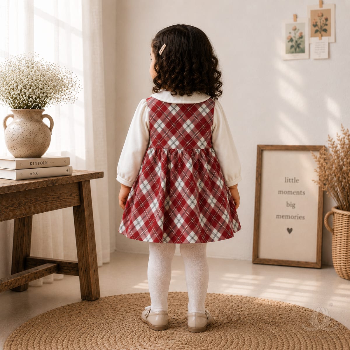 Premium Red Checked Baby Girl Dress with Embroidered Peter Pan Collar | Full Sleeve Cotton Party Dress — Back