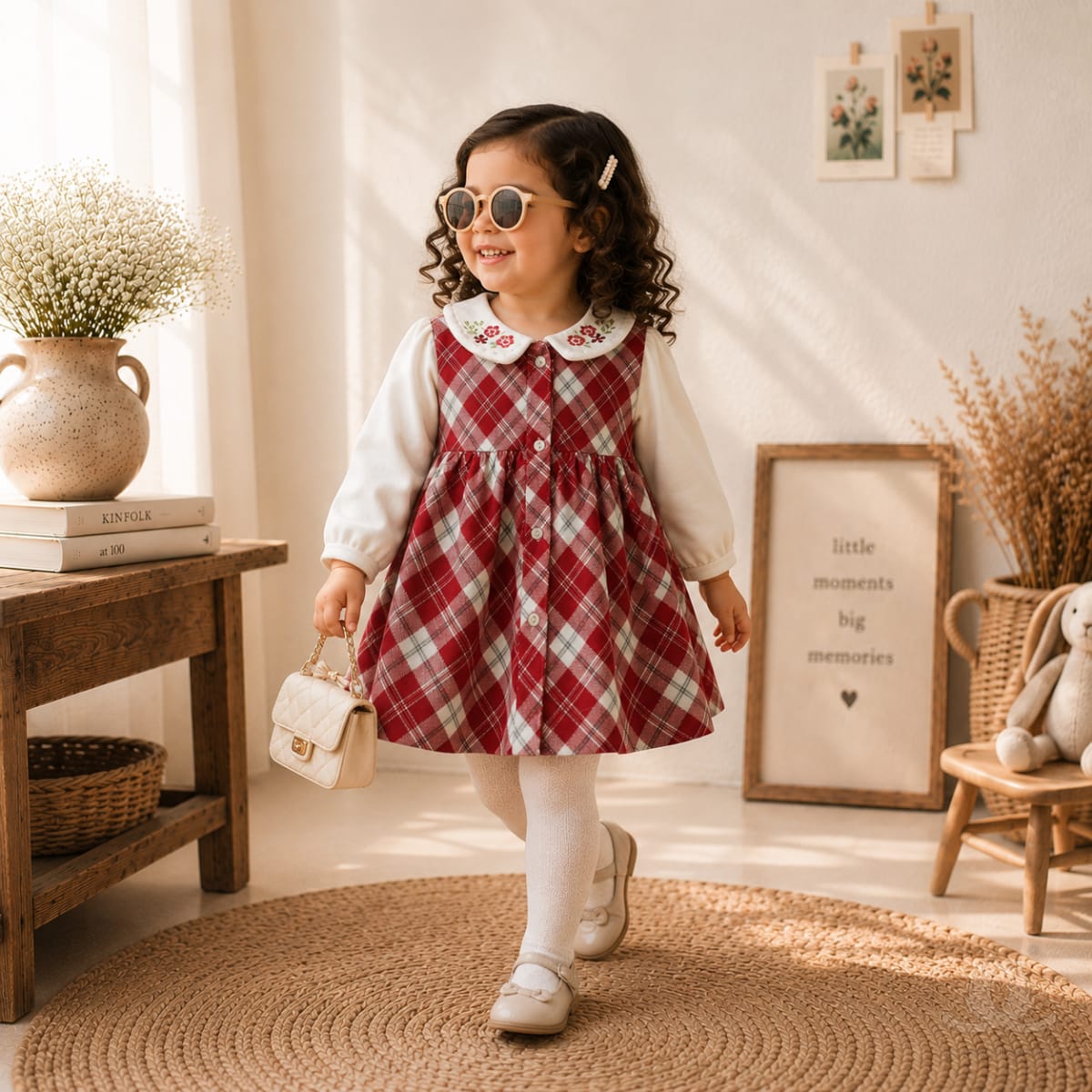 Premium Red Checked Baby Girl Dress with Embroidered Peter Pan Collar | Full Sleeve Cotton Party Dress — Styled