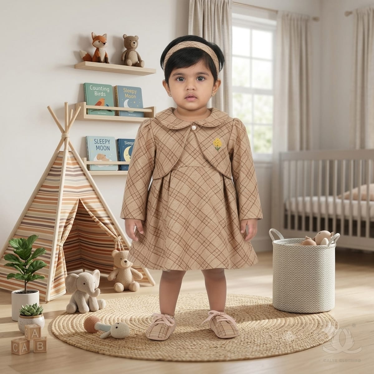 Baby Girl Beige Checked Winter Dress with Peter Pan Collar, Full Sleeves & Satin Back Bow | Premium Cotton Blend Dress