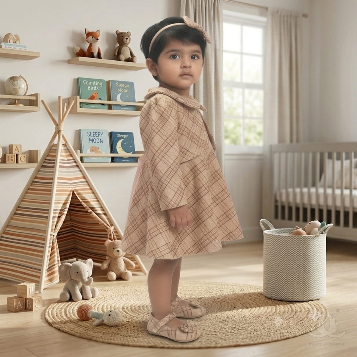 Baby Girl Beige Checked Winter Dress with Peter Pan Collar, Full Sleeves & Satin Back Bow | Premium Cotton Blend Dress — Side