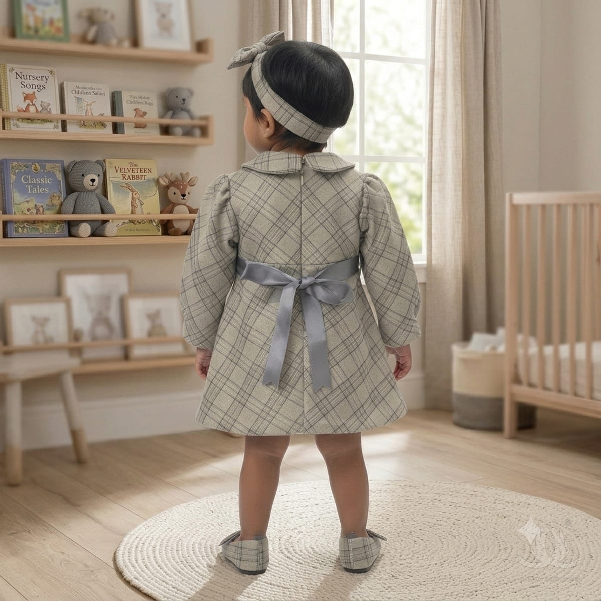 Baby Girl Grey Checked Winter Dress with Peter Pan Collar, Full Sleeves & Satin Back Bow | Premium Cotton Blend Dress — Back