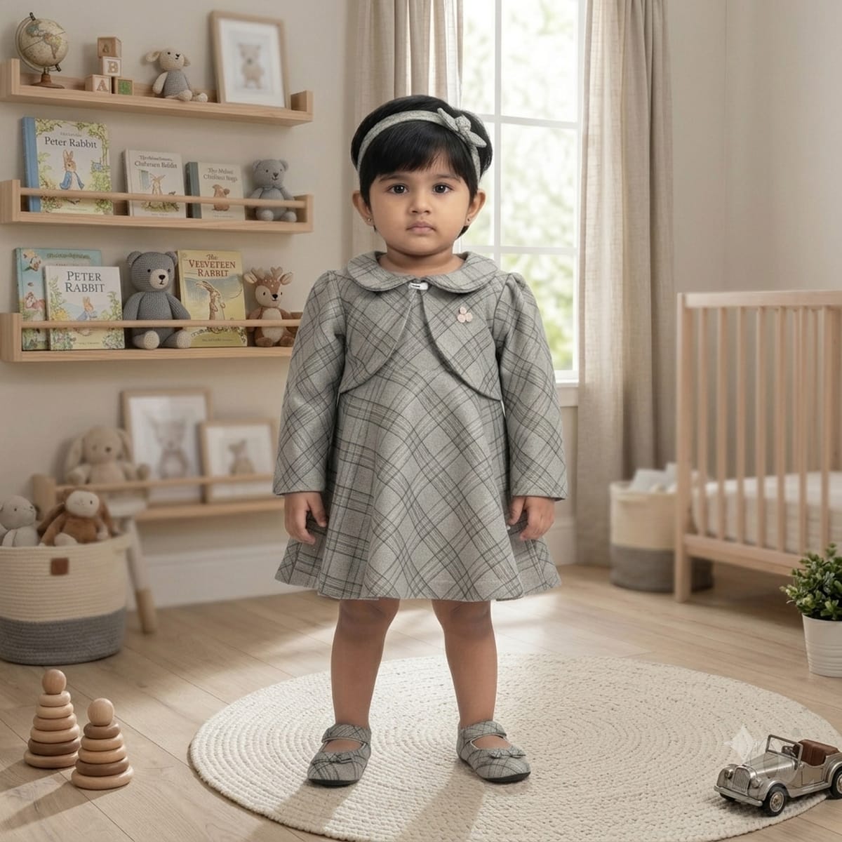 Baby Girl Grey Checked Winter Dress with Peter Pan Collar, Full Sleeves & Satin Back Bow | Premium Cotton Blend Dress