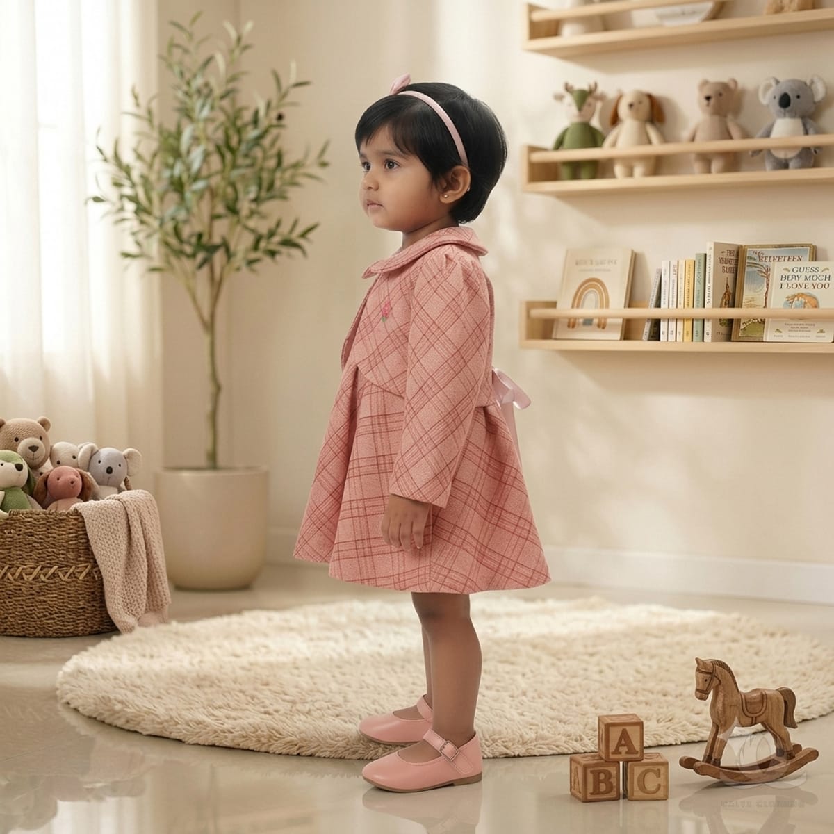 Baby Girl Peach Checked Winter Dress with Peter Pan Collar, Full Sleeves & Satin Back Bow | Premium Cotton Blend Dress — Fabric detail
