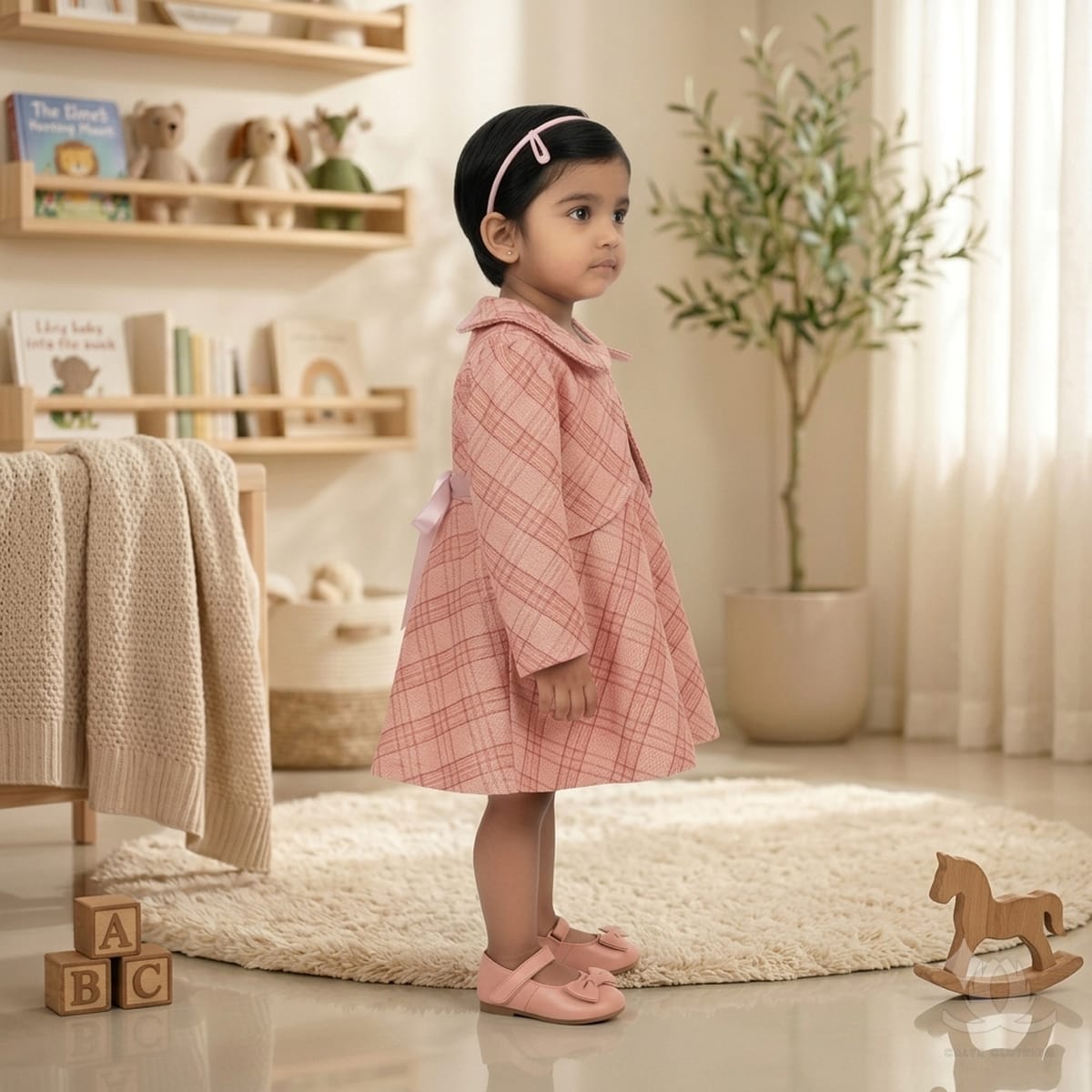 Baby Girl Peach Checked Winter Dress with Peter Pan Collar, Full Sleeves & Satin Back Bow | Premium Cotton Blend Dress — Side