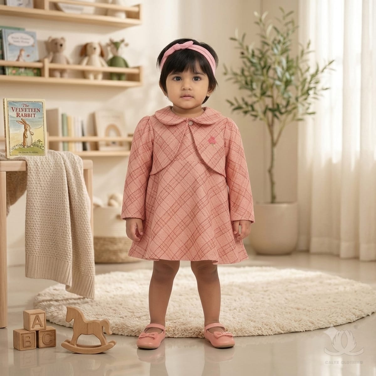 Baby Girl Peach Checked Winter Dress with Peter Pan Collar, Full Sleeves & Satin Back Bow | Premium Cotton Blend Dress