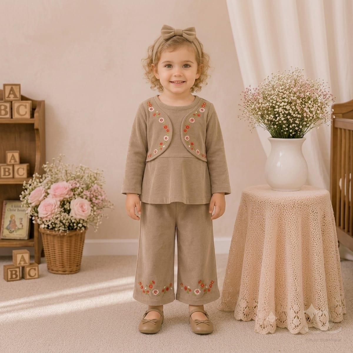 Baby Girl Beige Embroidered Cotton Co-Ord Set with Full Sleeves, Floral Embroidery & Wide Leg Pants | 2-Piece Winter Outfit