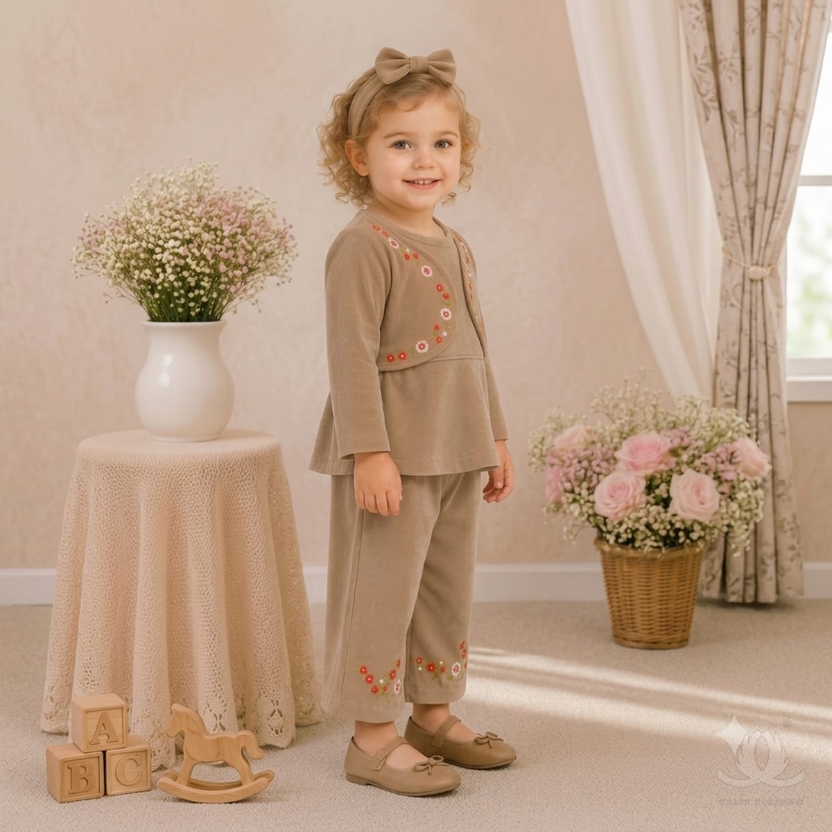 Baby Girl Beige Embroidered Cotton Co-Ord Set with Full Sleeves, Floral Embroidery & Wide Leg Pants | 2-Piece Winter Outfit — Side