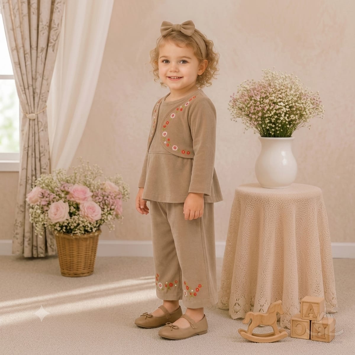 Baby Girl Beige Embroidered Cotton Co-Ord Set with Full Sleeves, Floral Embroidery & Wide Leg Pants | 2-Piece Winter Outfit — Fabric detail