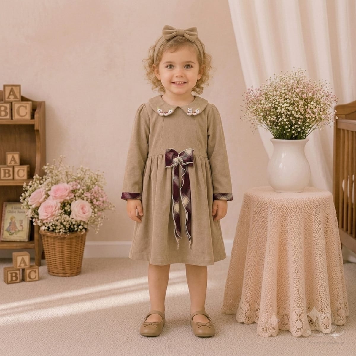 Girls Beige A-Line Dress with Peter Pan Collar, Plaid Bow & Full Sleeves