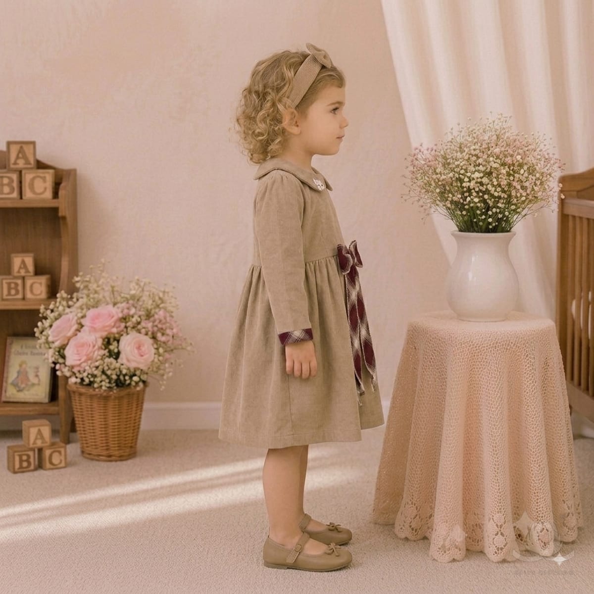 Girls Beige A-Line Dress with Peter Pan Collar, Plaid Bow & Full Sleeves — Side