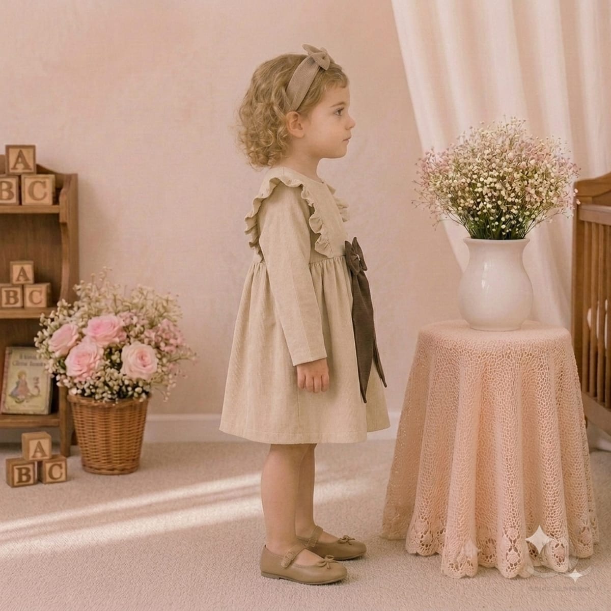 Girls Beige Dress with Ruffle Shoulders & Contrast Bow | Full Sleeve A-Line Frock — Side