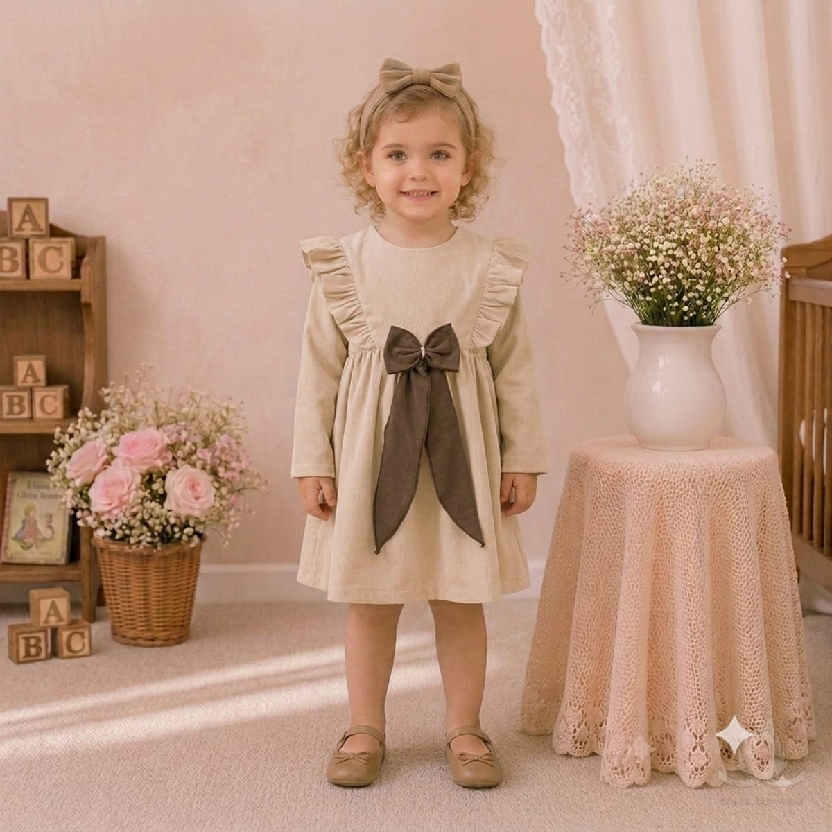 Girls Beige Dress with Ruffle Shoulders & Contrast Bow | Full Sleeve A-Line Frock