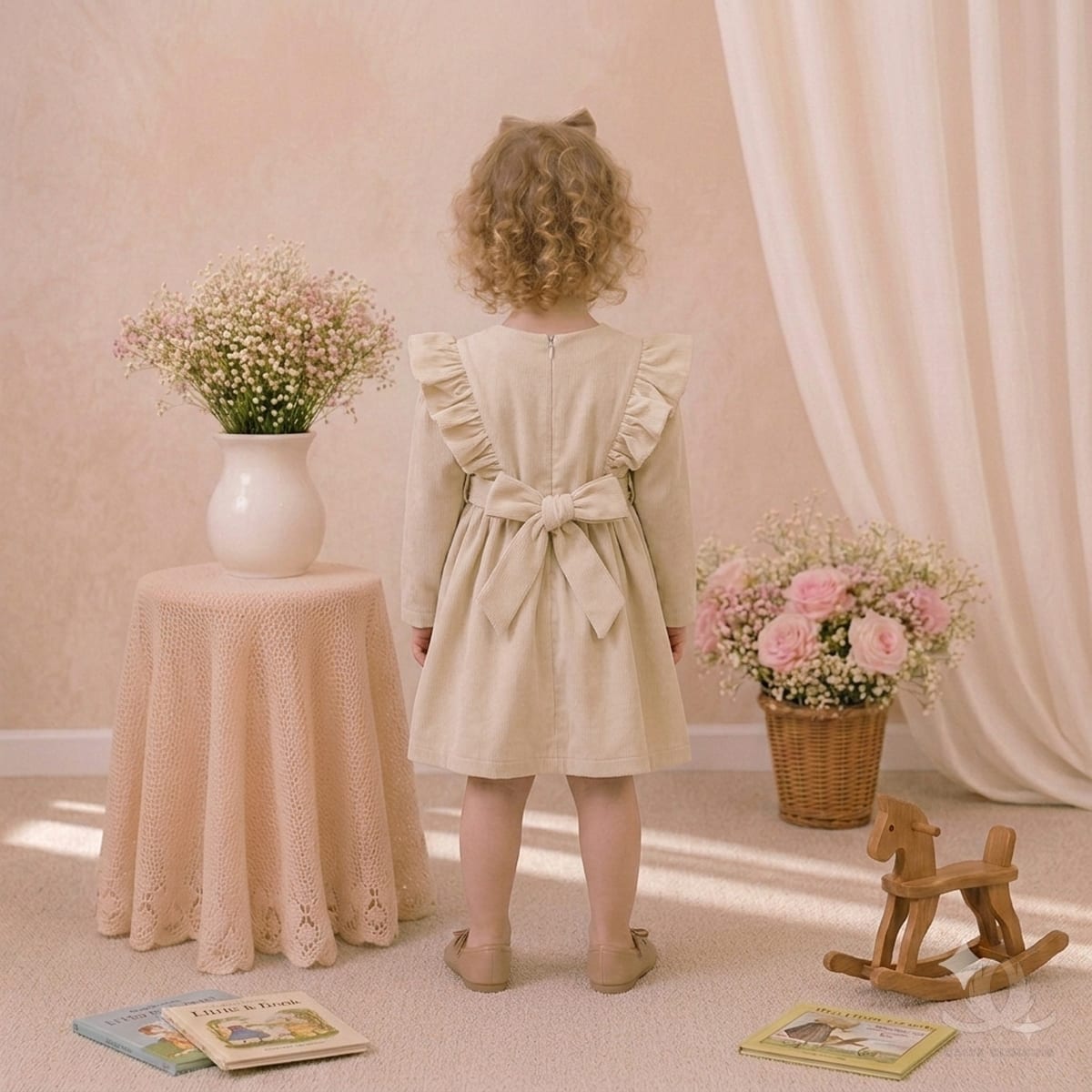 Girls Beige Dress with Ruffle Shoulders & Contrast Bow | Full Sleeve A-Line Frock — Back