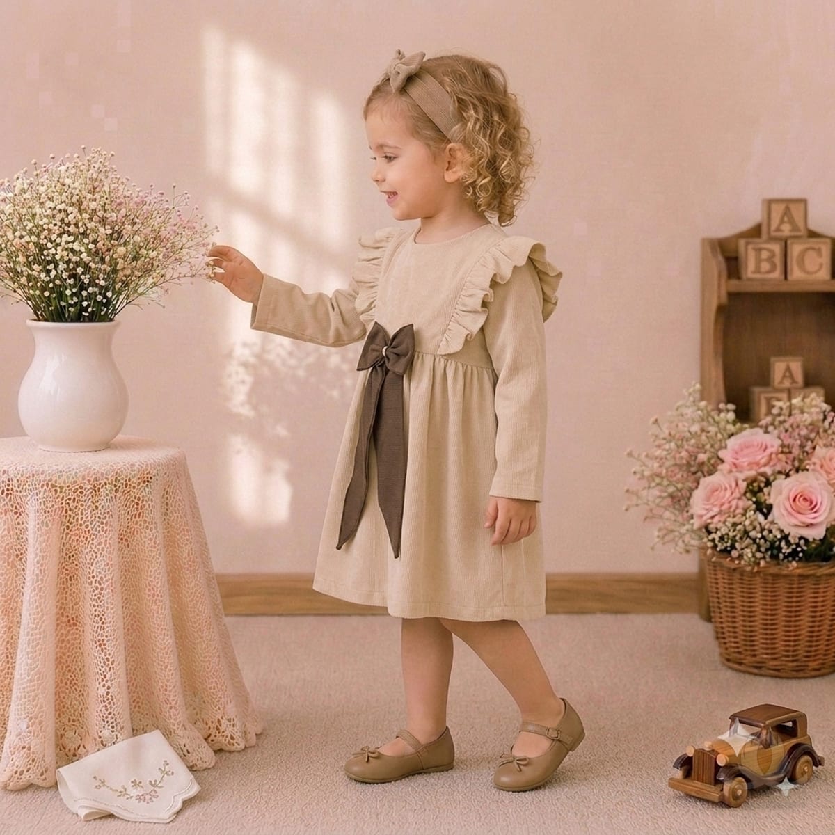 Girls Beige Dress with Ruffle Shoulders & Contrast Bow | Full Sleeve A-Line Frock — Styled