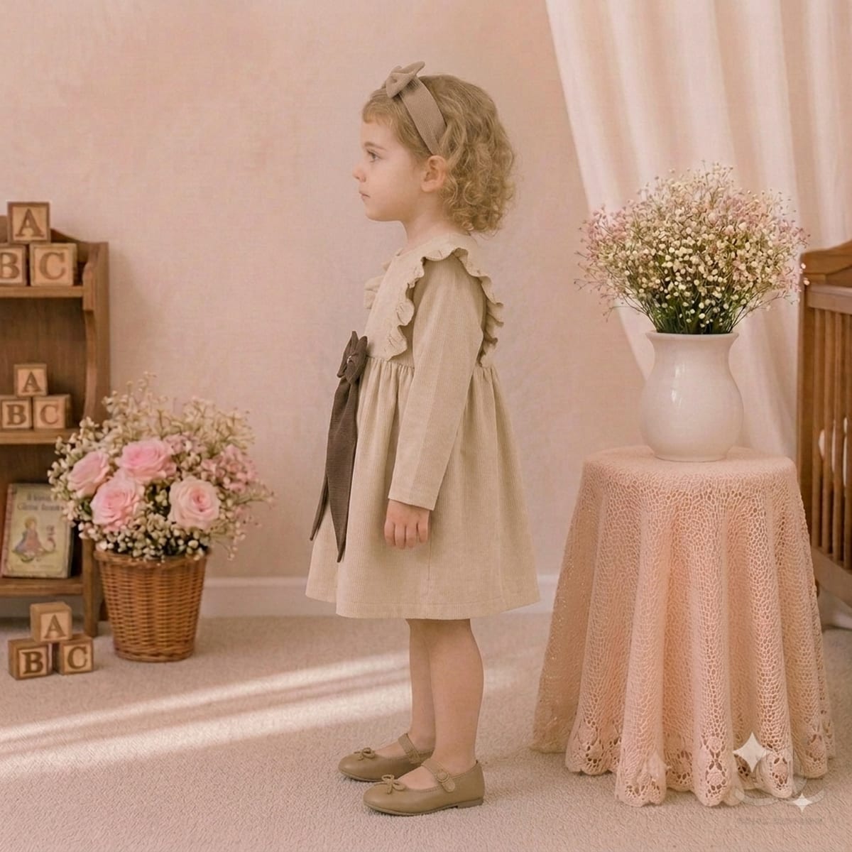 Girls Beige Dress with Ruffle Shoulders & Contrast Bow | Full Sleeve A-Line Frock — Fabric detail