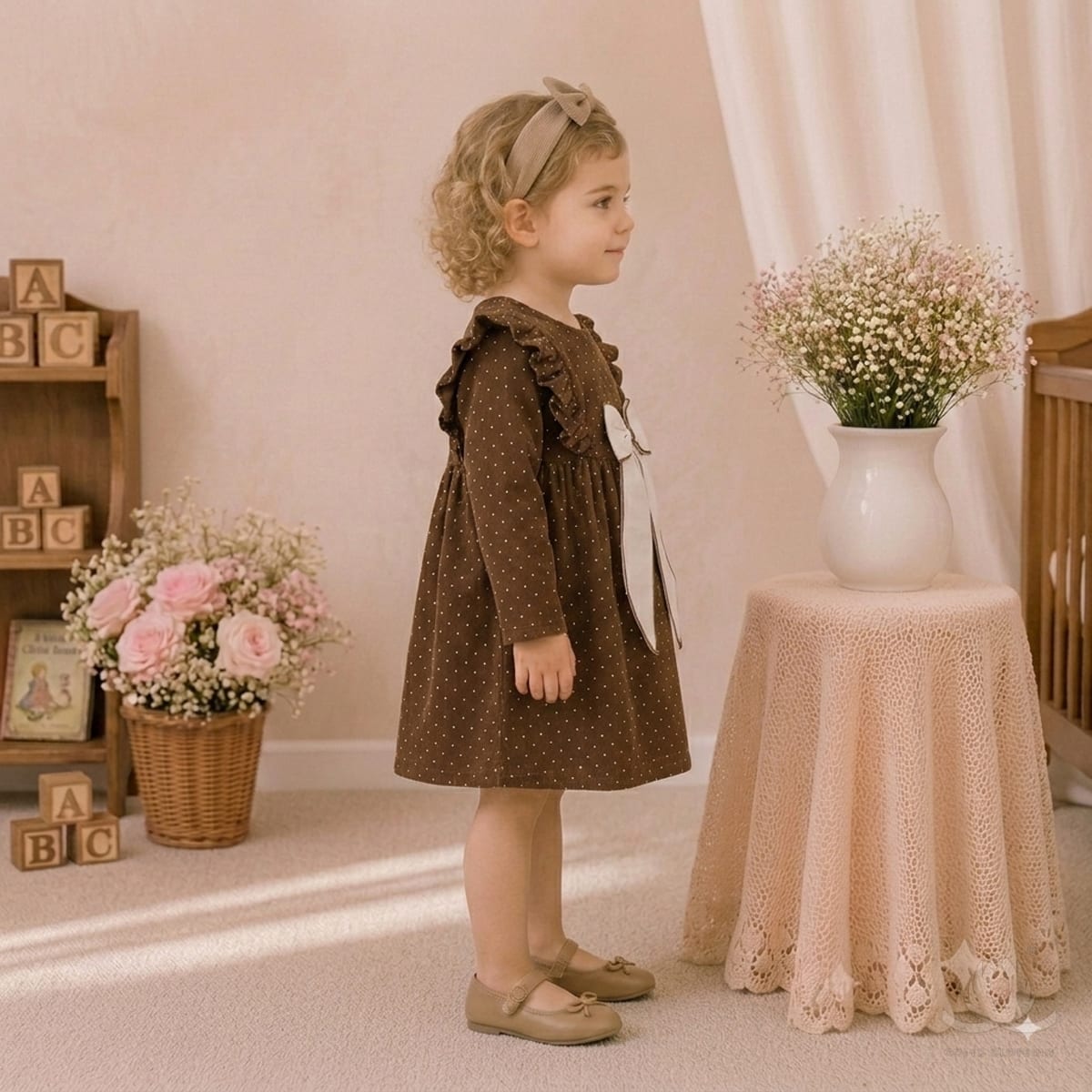Girls Brown A-Line Dress with Peter Pan Collar, Plaid Bow & Full Sleeves — Side