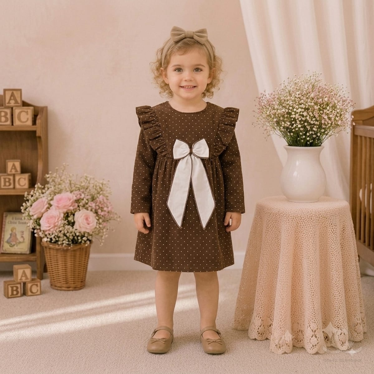 Girls Brown A-Line Dress with Peter Pan Collar, Plaid Bow & Full Sleeves