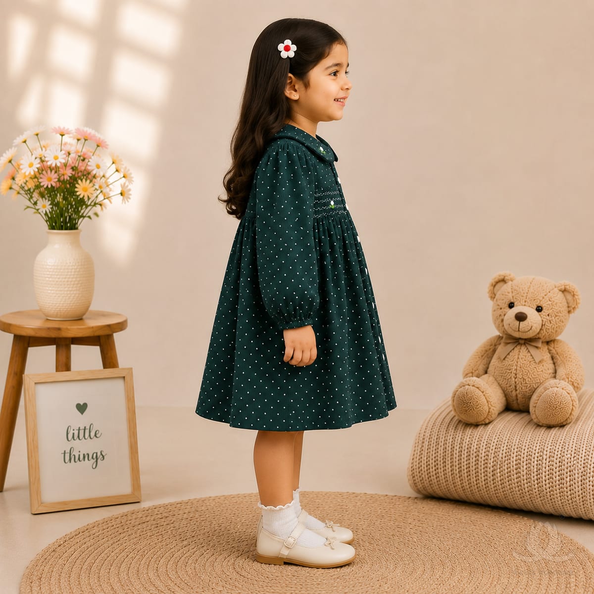 Girls Dark Green Polka Dot Dress with Peter Pan Collar, Full Sleeves & Smocked Waist — Side