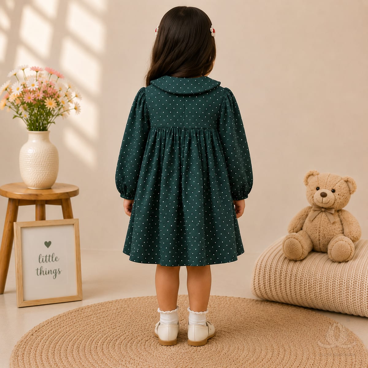 Girls Dark Green Polka Dot Dress with Peter Pan Collar, Full Sleeves & Smocked Waist — Back
