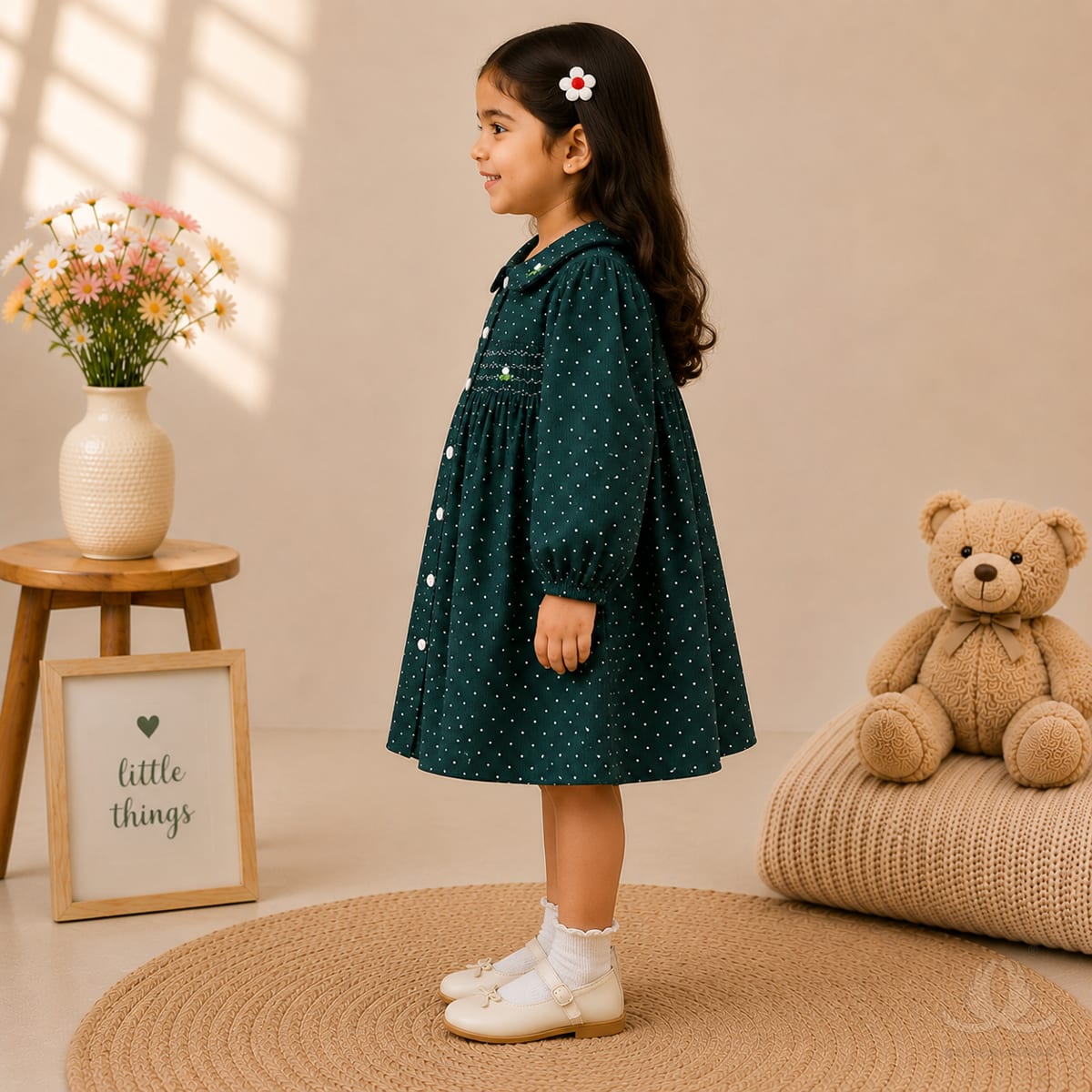 Girls Dark Green Polka Dot Dress with Peter Pan Collar, Full Sleeves & Smocked Waist — Fabric detail