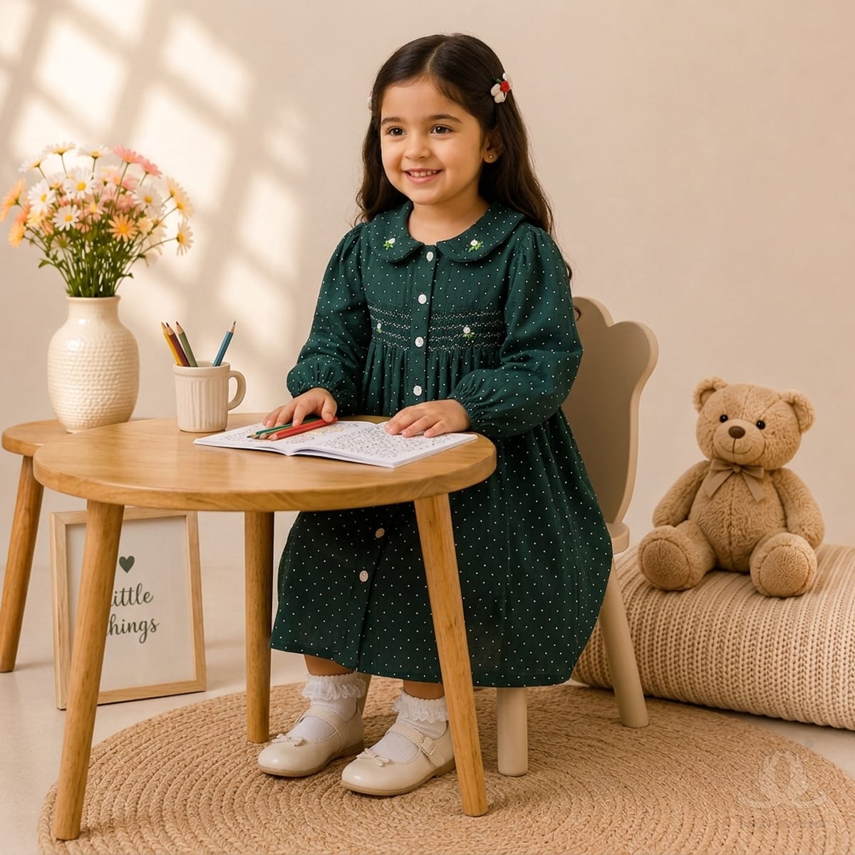 Girls Dark Green Polka Dot Dress with Peter Pan Collar, Full Sleeves & Smocked Waist — Styled