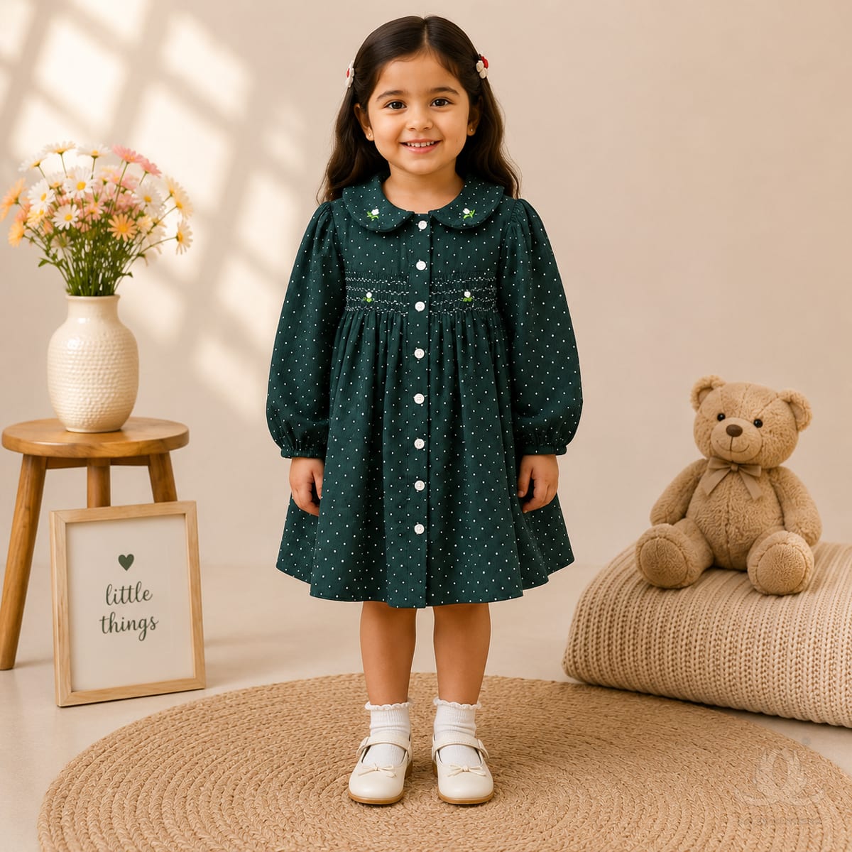 Girls Dark Green Polka Dot Dress with Peter Pan Collar, Full Sleeves & Smocked Waist
