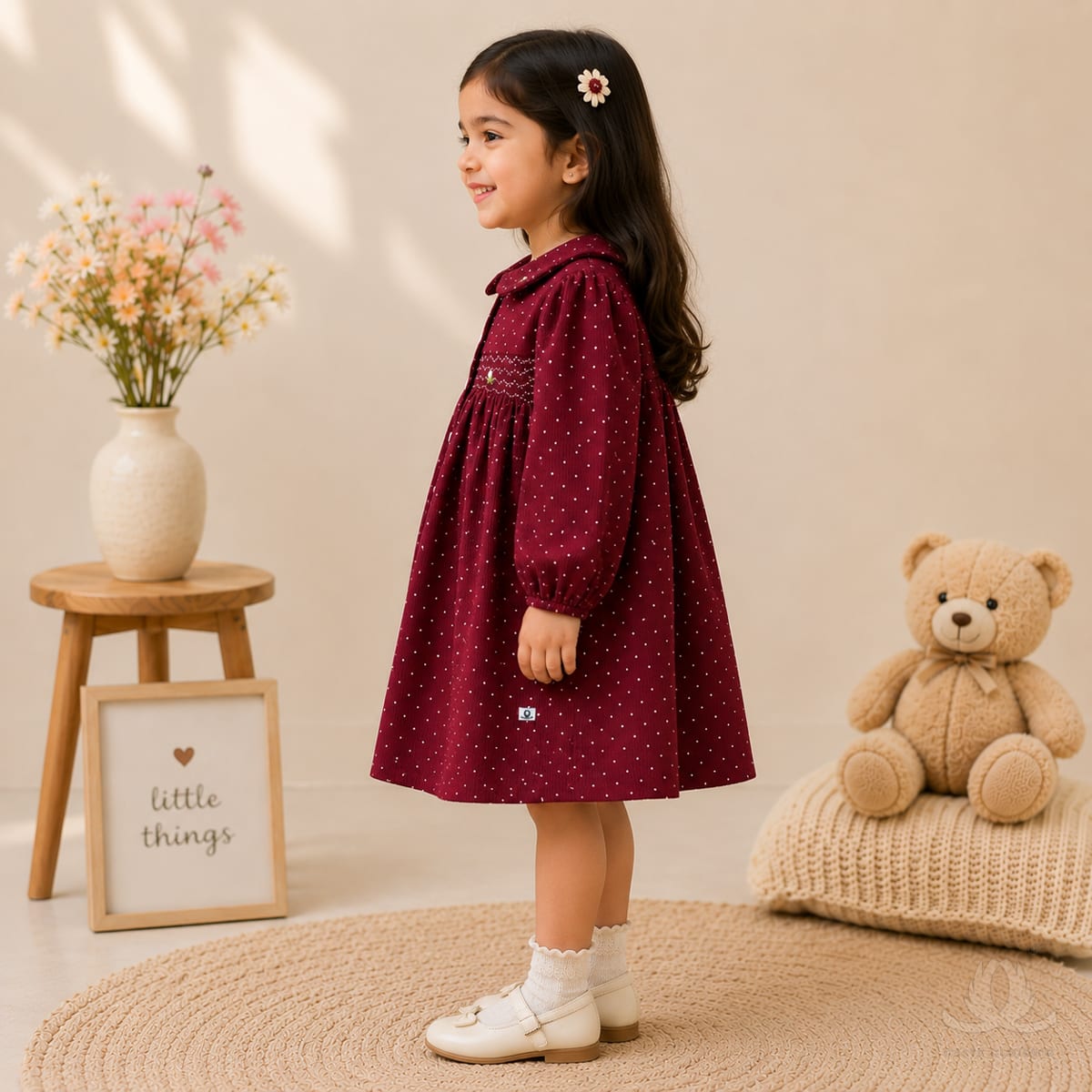 Girls Mehroon Polka Dot Dress with Peter Pan Collar, Full Sleeves & Smocked Waist — Fabric detail