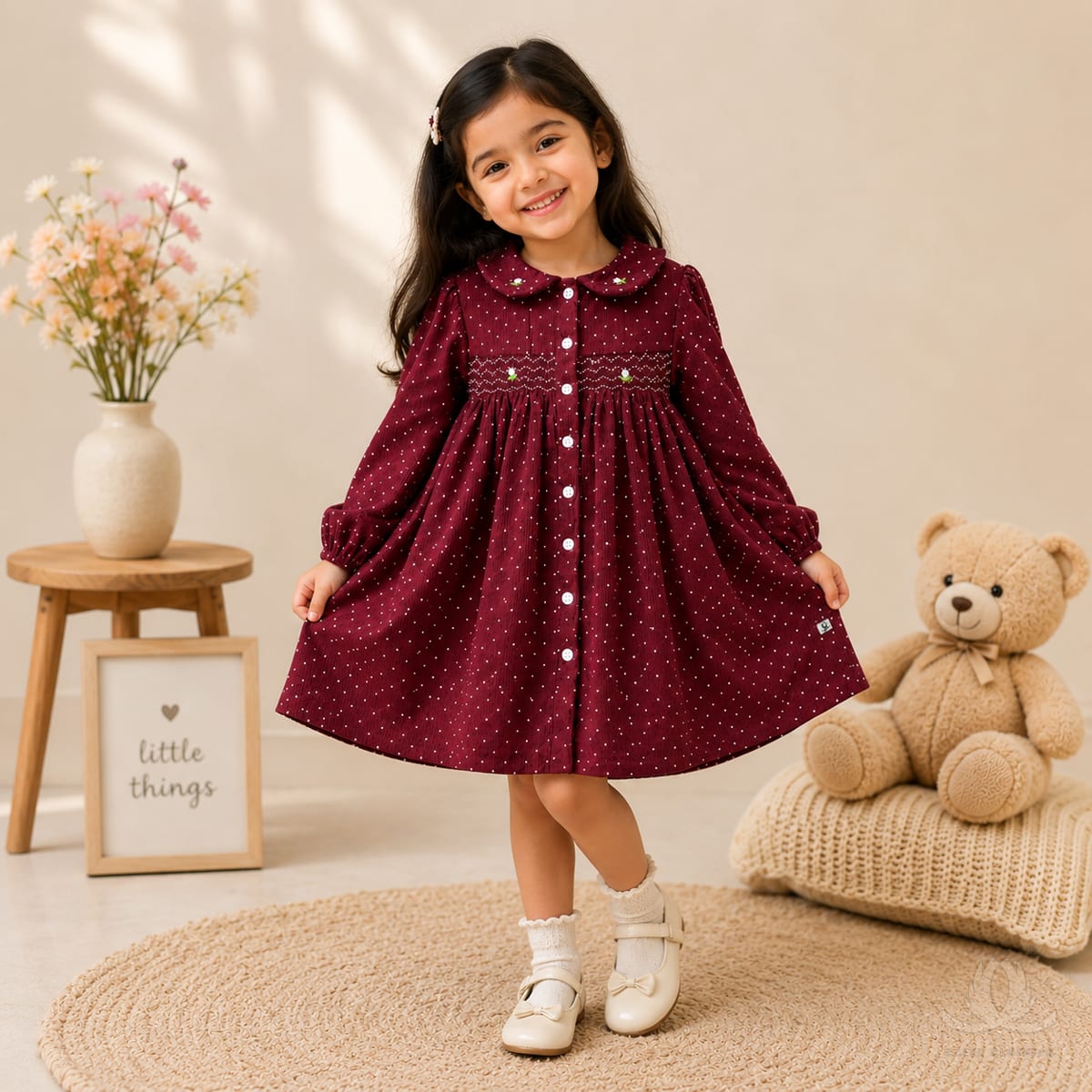 Girls Mehroon Polka Dot Dress with Peter Pan Collar, Full Sleeves & Smocked Waist