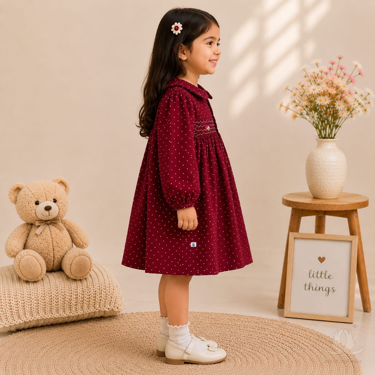 Girls Mehroon Polka Dot Dress with Peter Pan Collar, Full Sleeves & Smocked Waist — Side