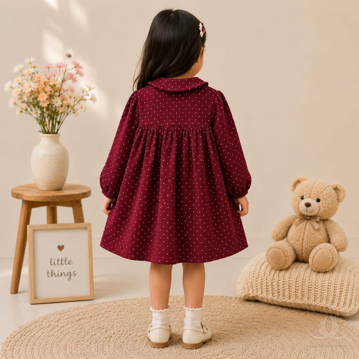 Girls Mehroon Polka Dot Dress with Peter Pan Collar, Full Sleeves & Smocked Waist — Back