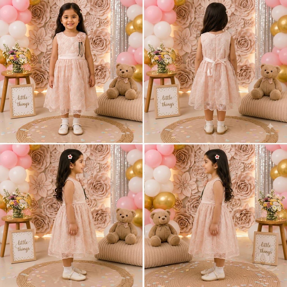 Girls Peach Floral Embroidered Party Dress with 3D Rose Detail & Waist Sash — image 6