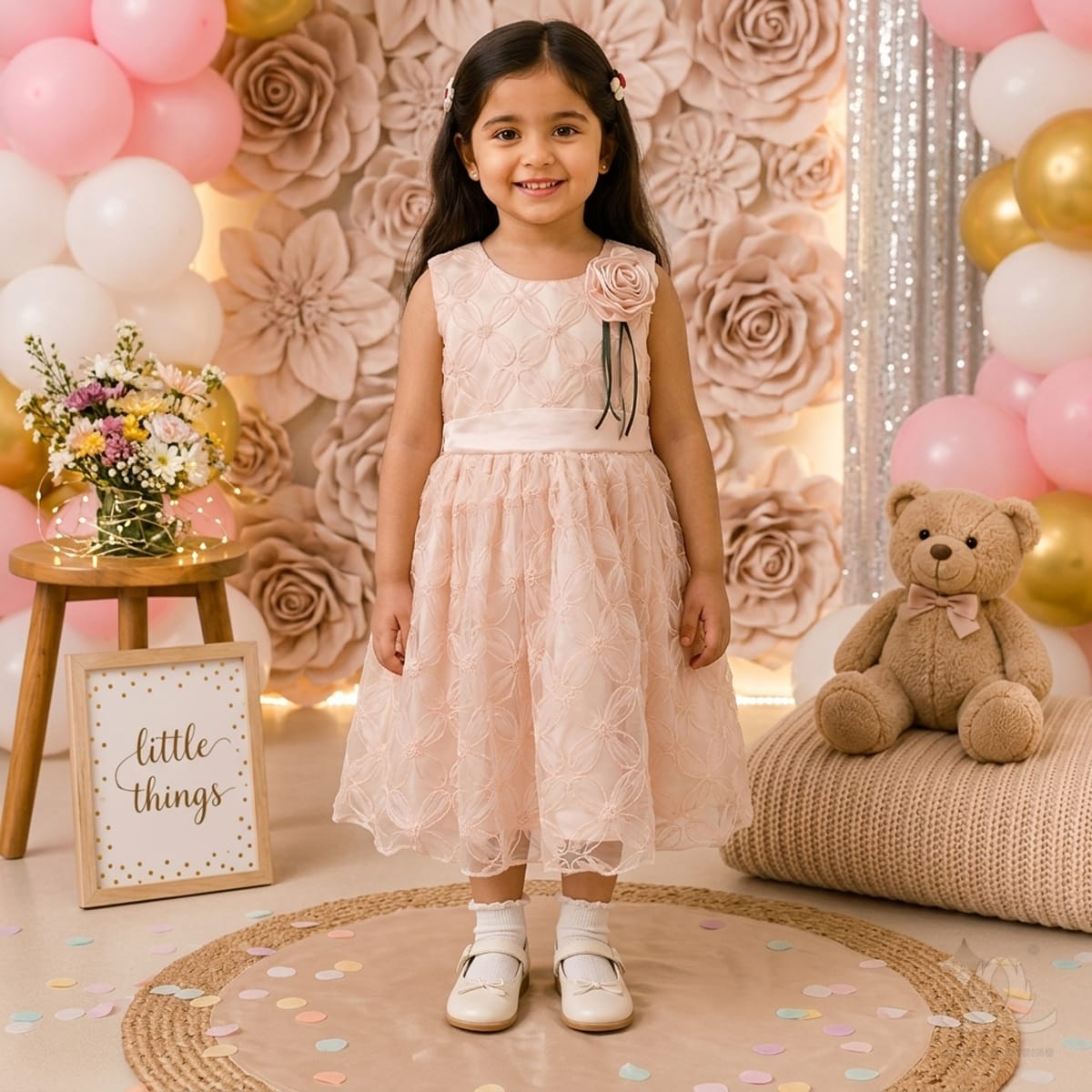 Girls Peach Floral Embroidered Party Dress with 3D Rose Detail & Waist Sash
