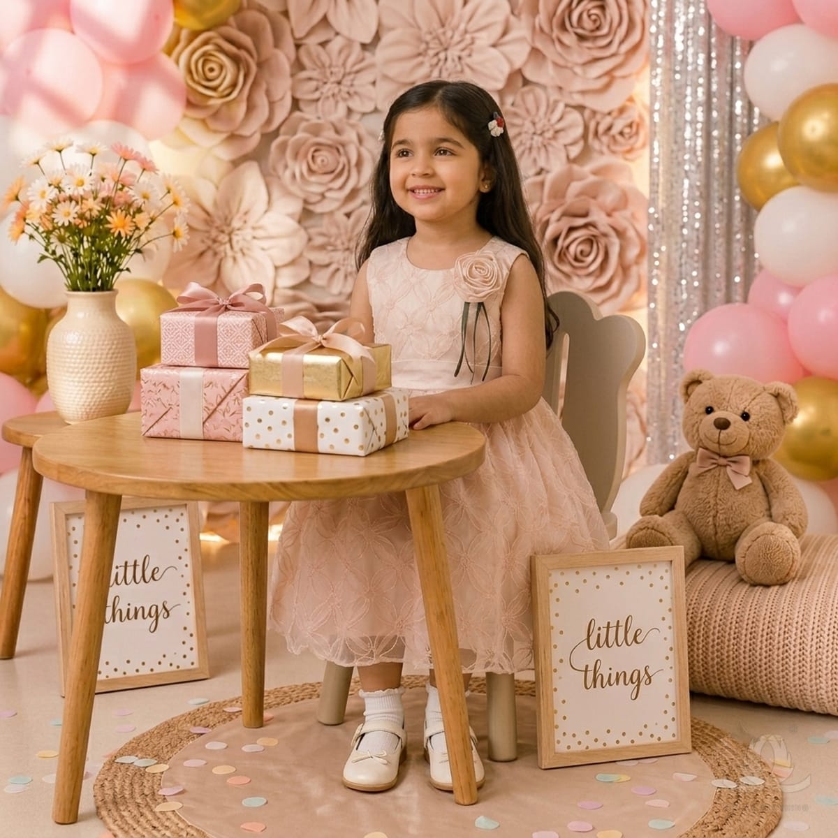 Girls Peach Floral Embroidered Party Dress with 3D Rose Detail & Waist Sash — Styled