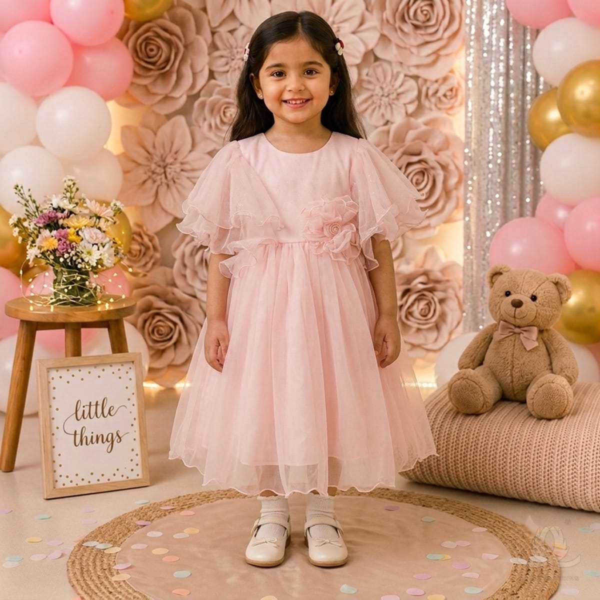 Girls Pink Party Dress with Layered Ruffle Sleeves, Floral Waist Detail & Back Bow