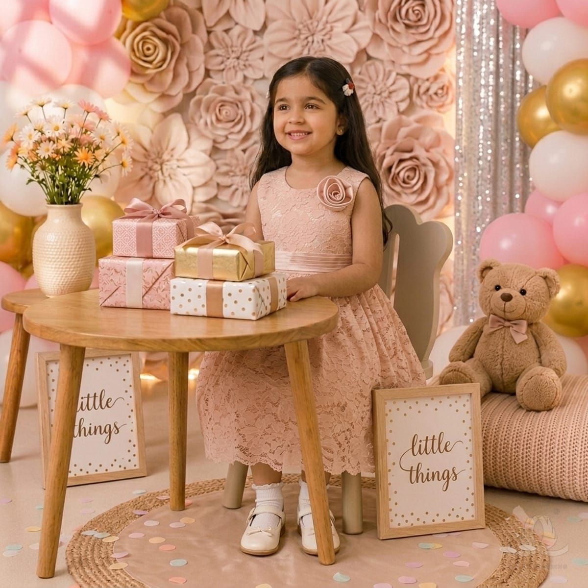 Girls Peach Pink Lace Party Dress with Rose Detail, Satin Waist & Back Bow — Styled