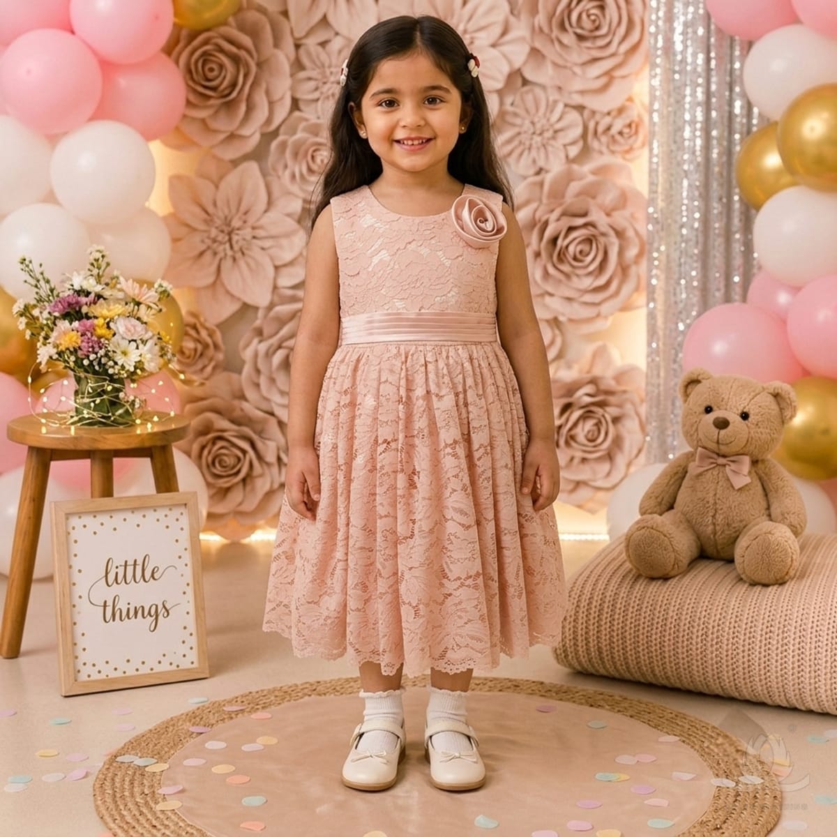 Girls Peach Pink Lace Party Dress with Rose Detail, Satin Waist & Back Bow