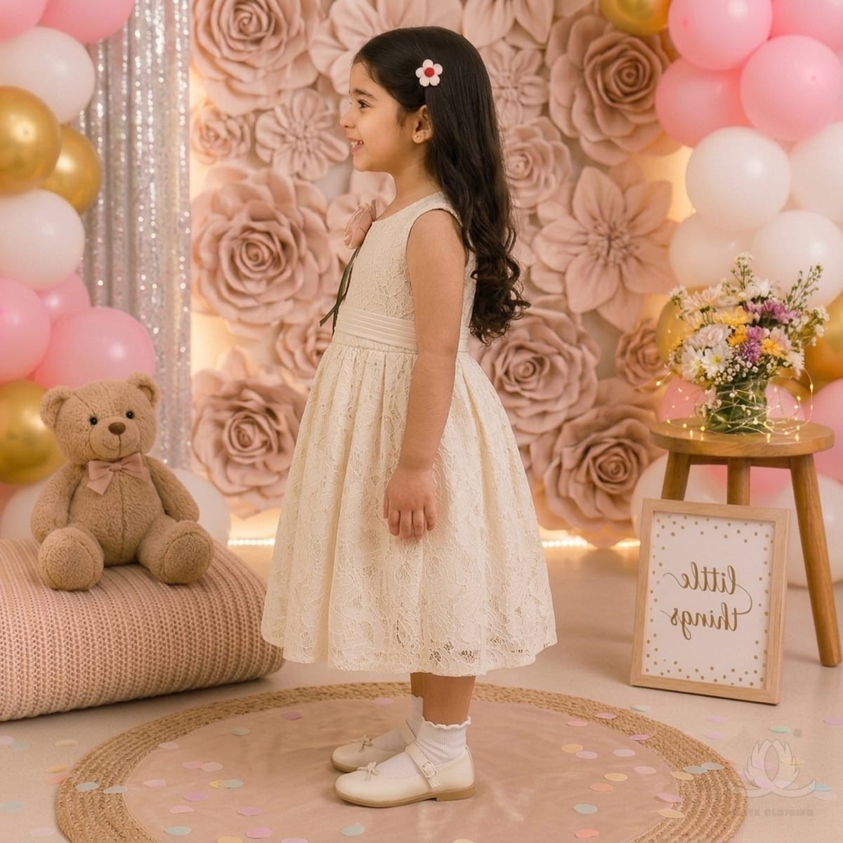 Girls White Floral Lace Party Dress with Rose Detail, Satin Waist & Back Bow — Fabric detail