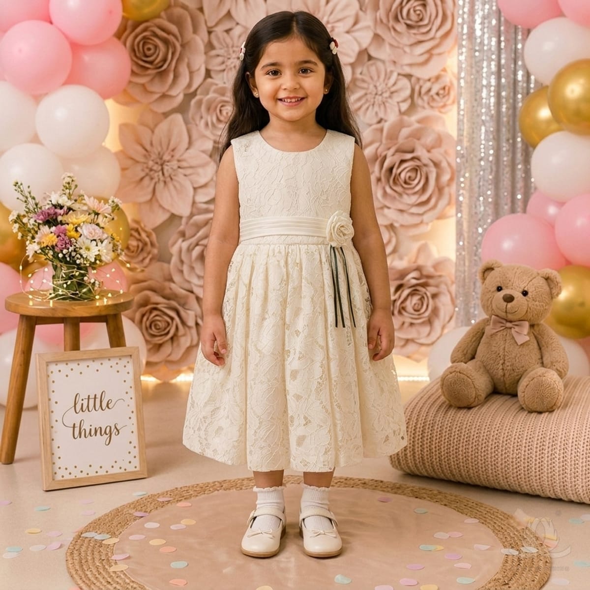 Girls White Floral Lace Party Dress with Rose Detail, Satin Waist & Back Bow