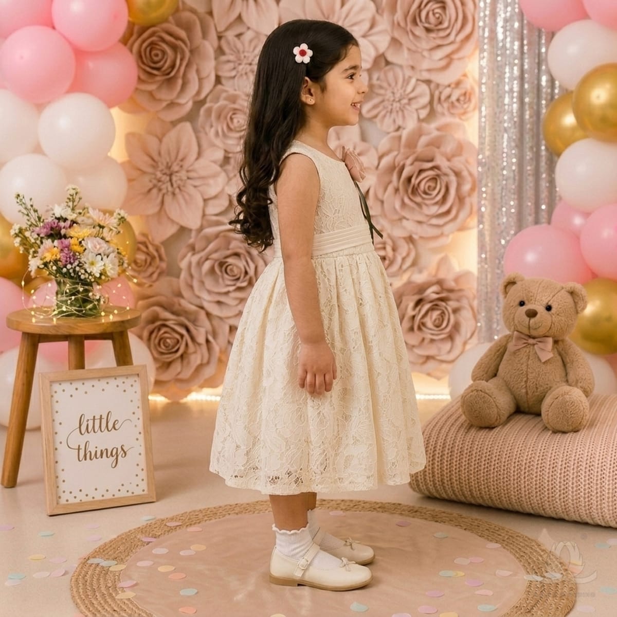Girls White Floral Lace Party Dress with Rose Detail, Satin Waist & Back Bow — Side