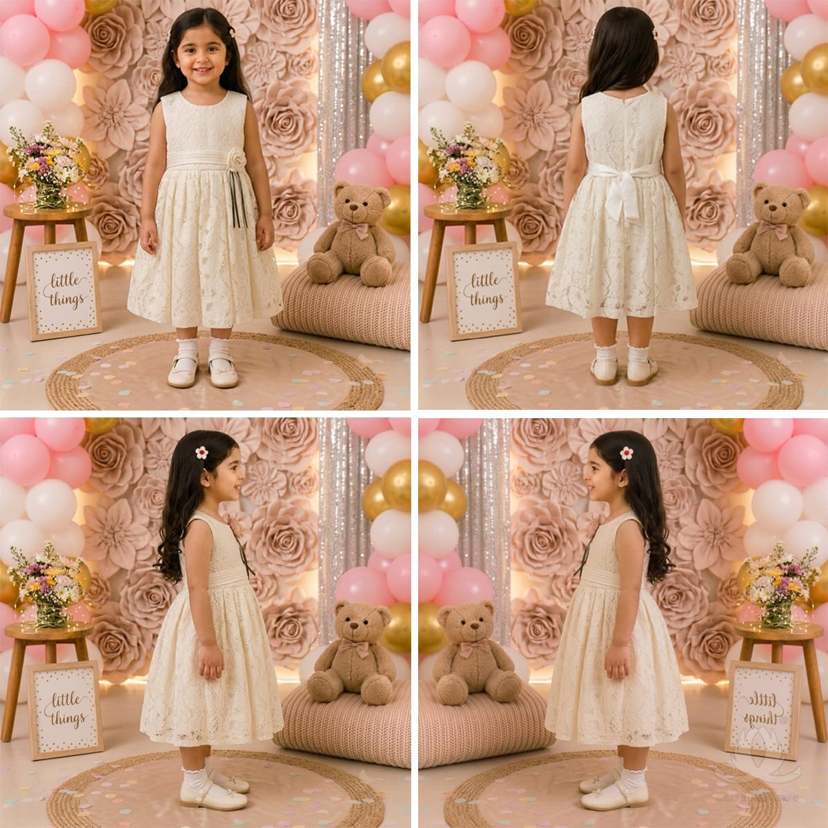 Girls White Floral Lace Party Dress with Rose Detail, Satin Waist & Back Bow — image 6