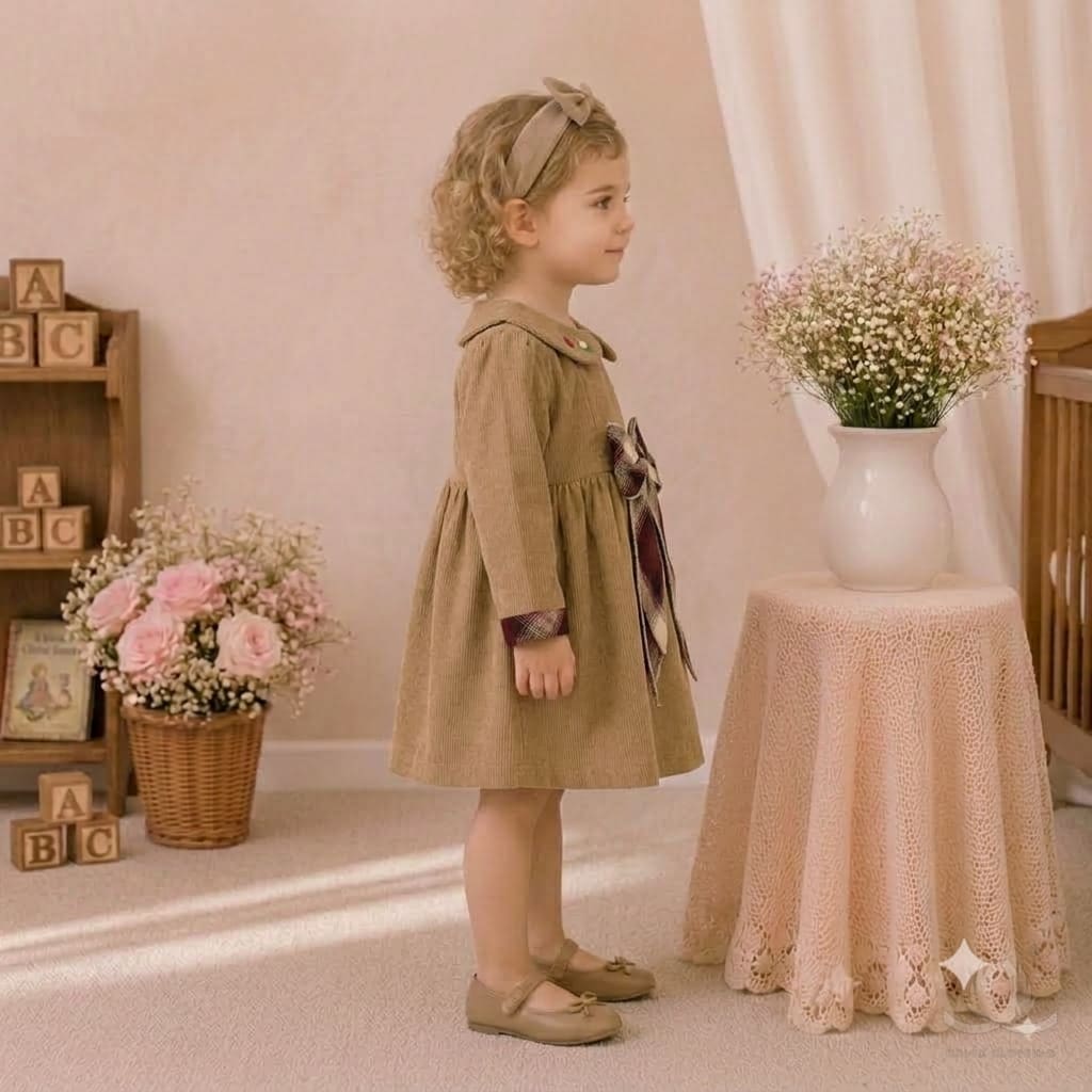 Girls Brown Winter Cotton Dress with Argyle Bow & Embroidered Peter Pan Collar — Side