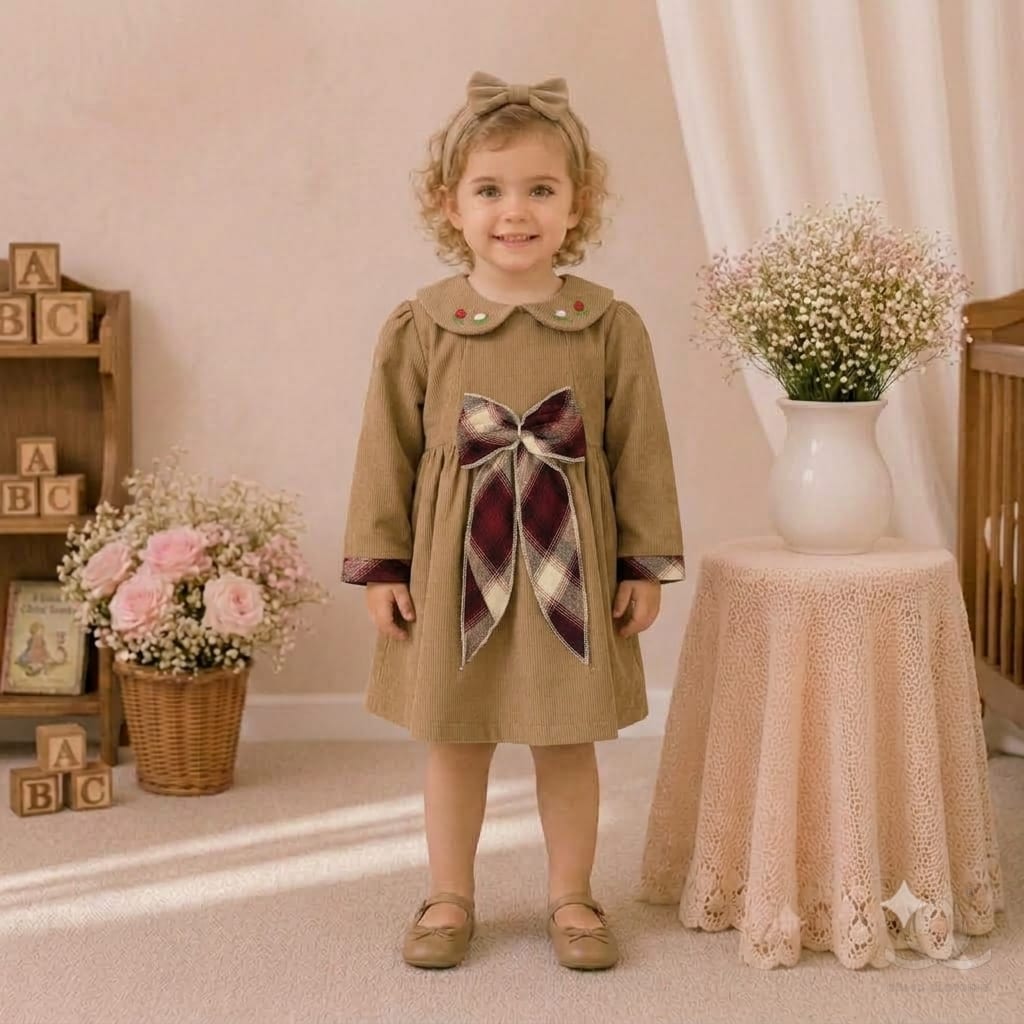 Girls Brown Winter Cotton Dress with Argyle Bow & Embroidered Peter Pan Collar
