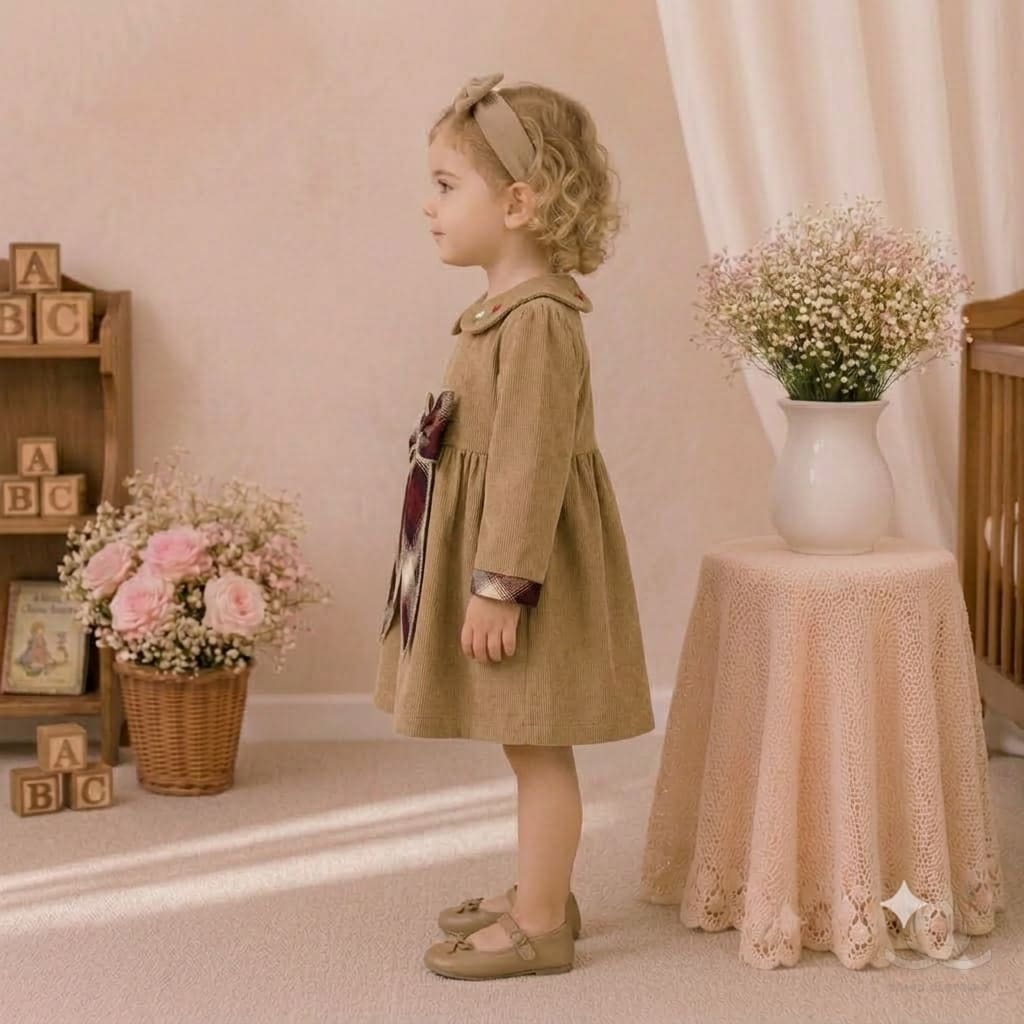 Girls Brown Winter Cotton Dress with Argyle Bow & Embroidered Peter Pan Collar — Fabric detail